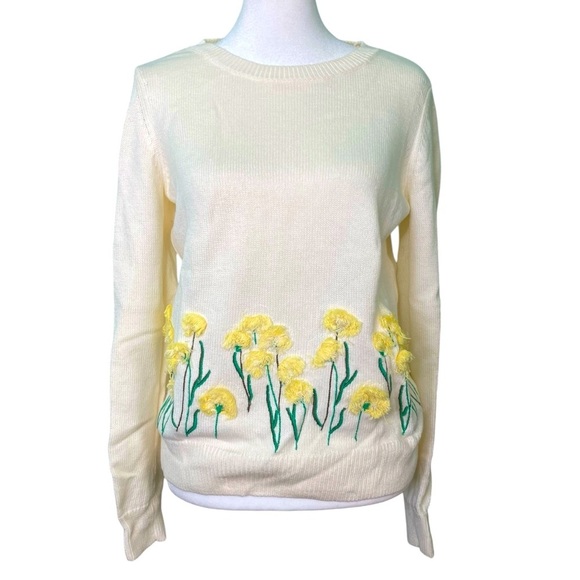Talbots Floral Embroidered Cream Open Neck Sweater Yellow Flowers (Size XS) - Picture 1 of 12